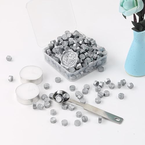 Miniatura 3 de Juego de 300 cuentas de cera de sellado de plata para sello de cera con velas y cuchara de fusión, perfecto para tarjetas de Navidad, sobres,