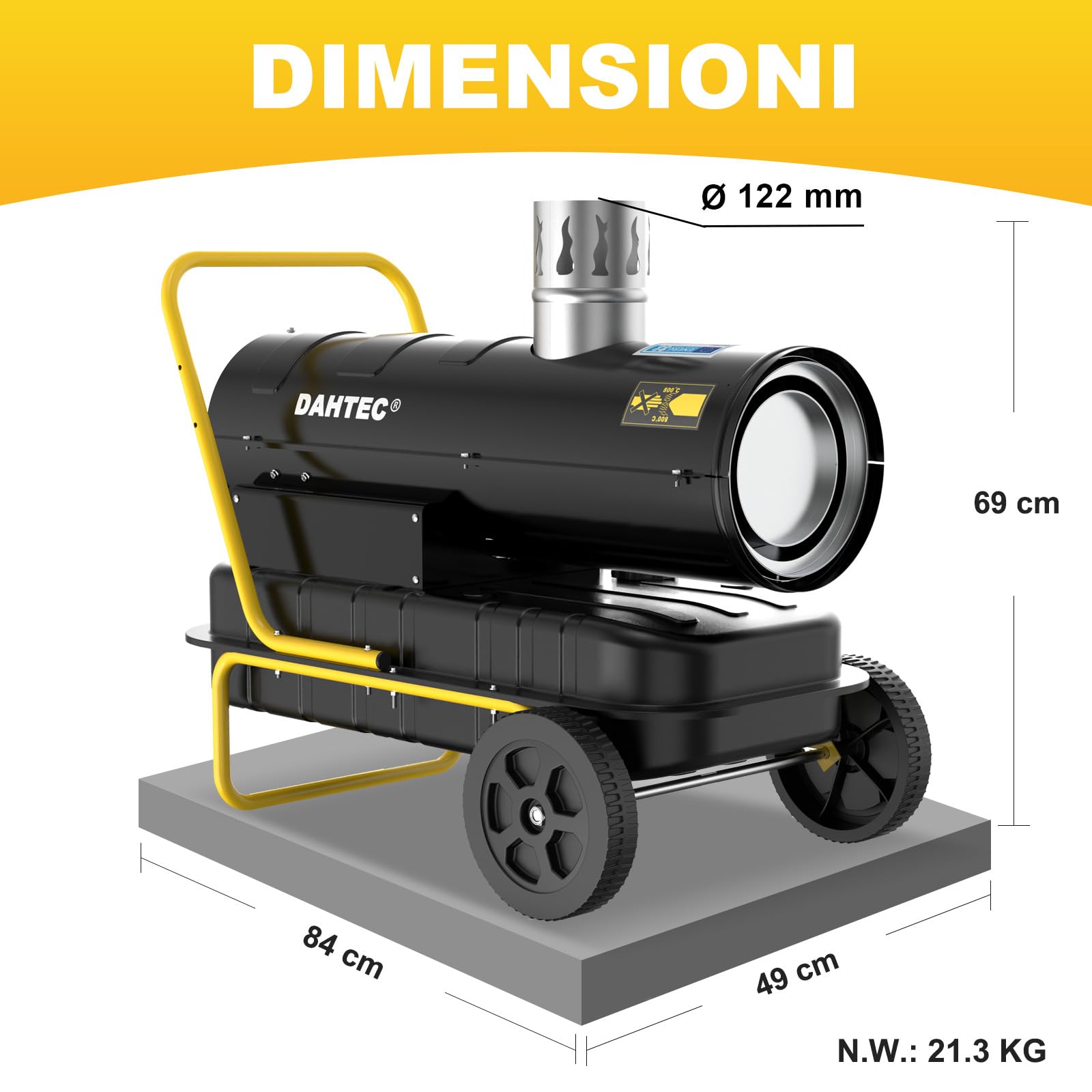 Riscaldatore Diesel Indiretto 20 kW - Termoventilatore Industriale - Serbatoio Grande Capienza 38L - Ruote, Termostato Regolabile - Per Officine, Cantieri, Uso Agricolo