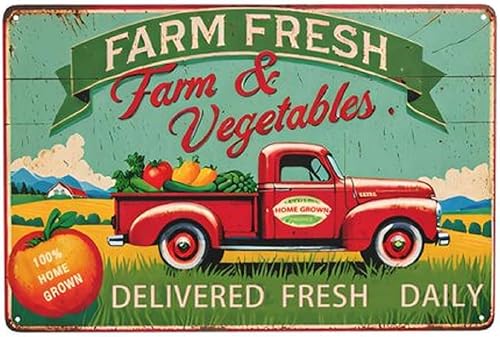 Vintage Farm - Letrero de metal con diseño de frutas y verduras frescas, decoración rústica de pared para cocina, bar, cueva de hombre, garaje,