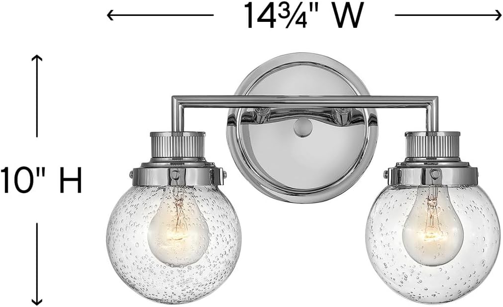 Hinkley Poppy 5932CM Small Two Light Bathroom Vanity Fixture, Mid-Century Modern, Clear Seedy Glass Globe, Chrome