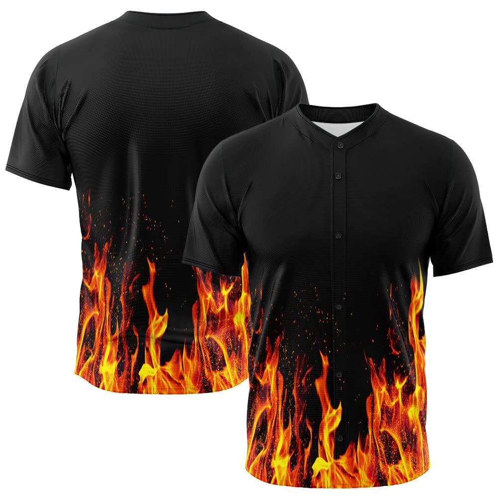 Custom Baseball Jersey Full Print Design Personalized Baseball Shirts Sports Uniform for Men Women Kids (Flame-Black)