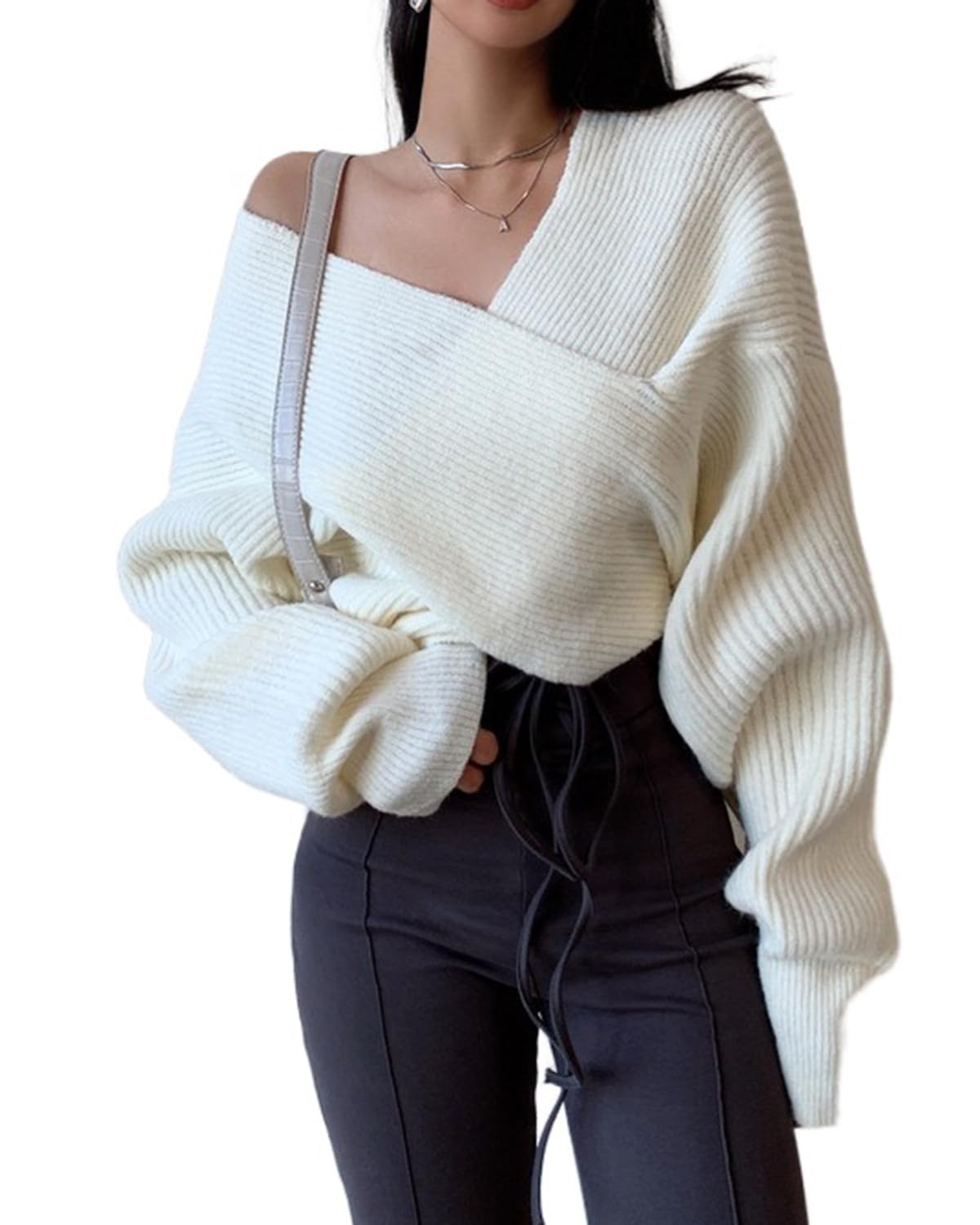 Womens Criss Cross Wrap Sweater V Neck Long Sleeve Drop Shoulder Crop Sweater Fall Solid Loose Fit Knit