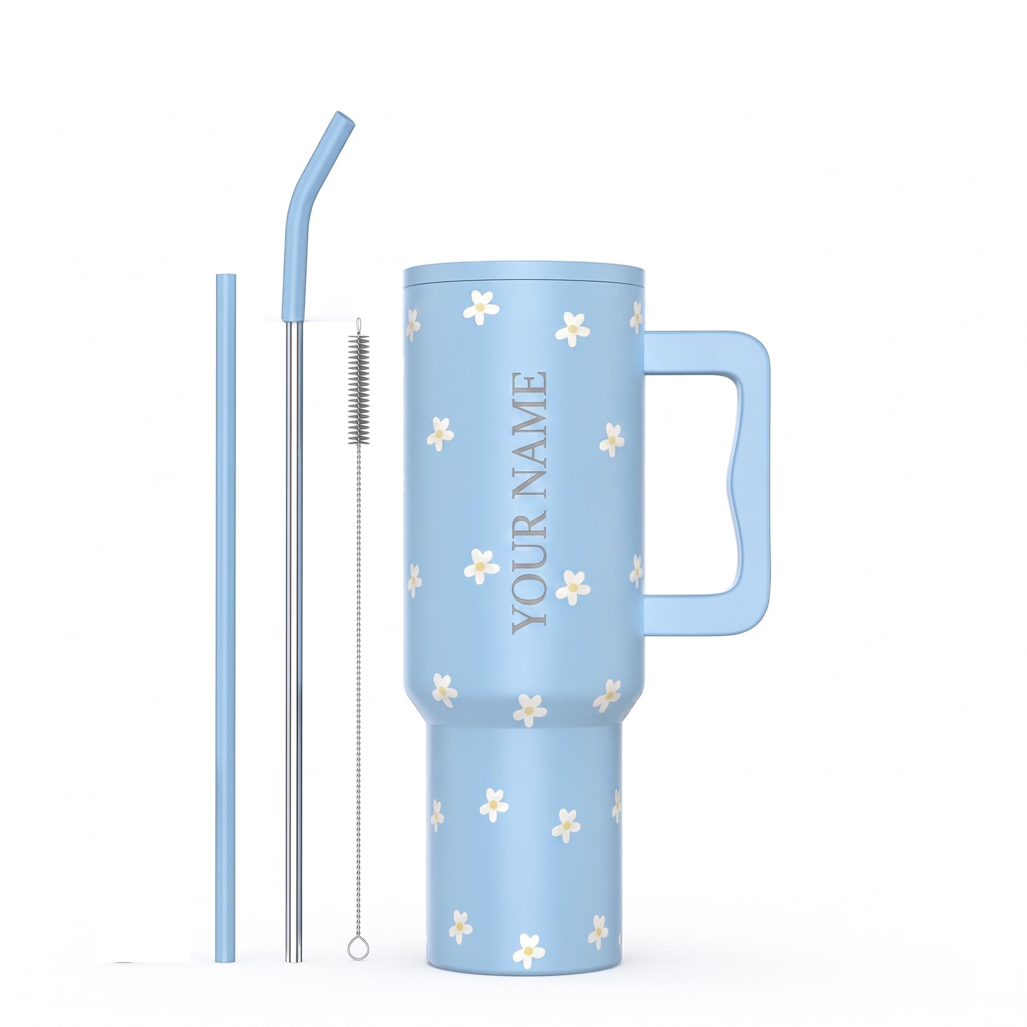 Personalised with Your Name, 1200ml Tumbler with Straw - Handle – Stainless Steel Double Wall Insulated Cup | Leakproof Sipper Mug for Hot - Cold Drinks | Coffee - Water Tumbler (Blue Fower custom)