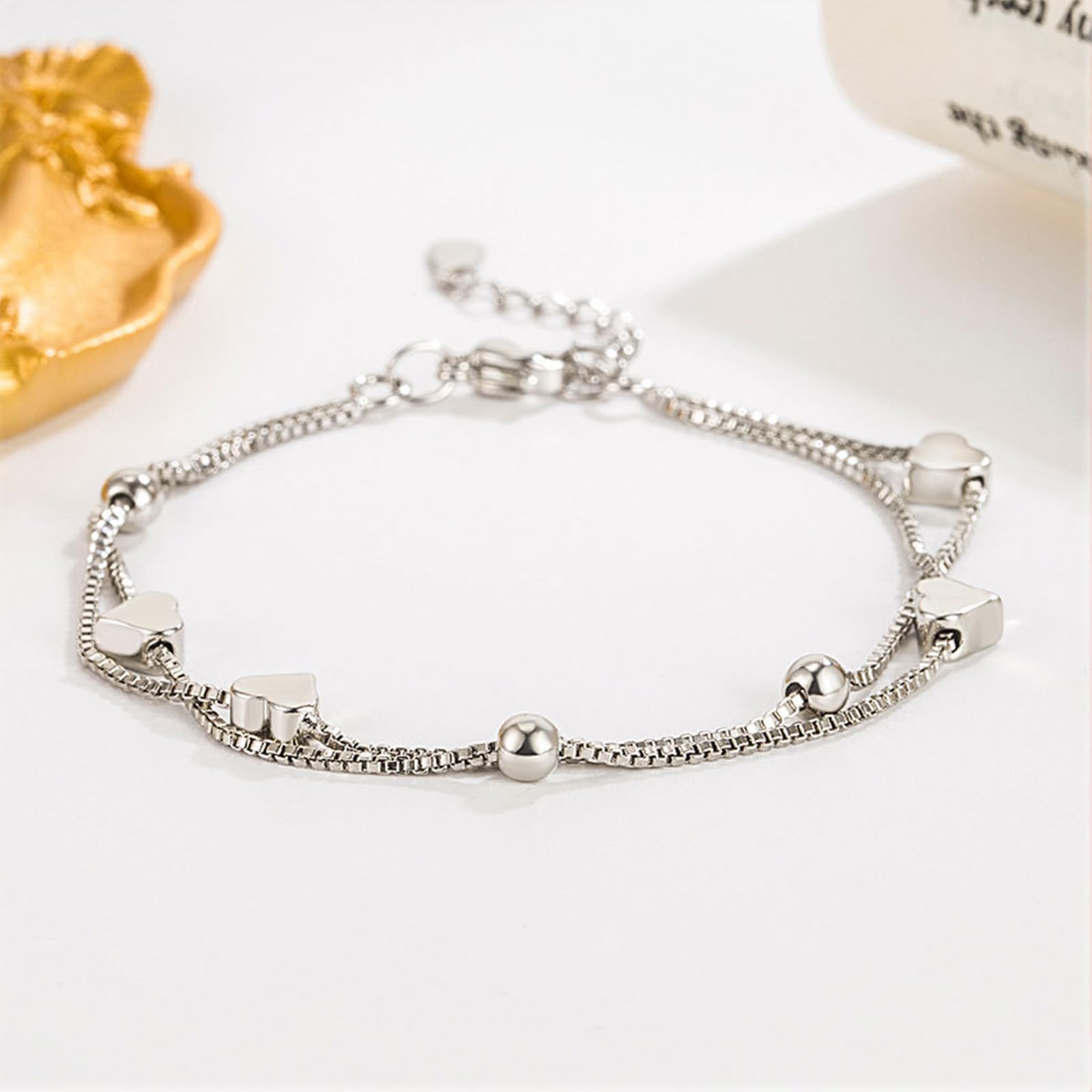 Braccialetto Donna Doppio Strato per Le Donne Hollow Bead Heart Design Gioielli Regolabili Trendy Fashion Accessory-Bianco