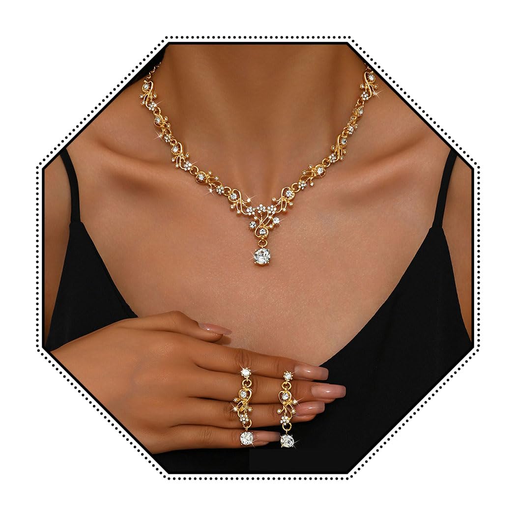 Wedding Necklace Bride Rhinestone Floral Necklace Earring Set Bridal Sets Prom Party Teardrop Dangle Necklace and Earring Drop