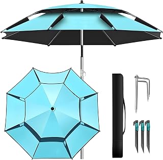 Windproof Beach Umbrella with Sand Anchor, Heavy Duty Patio Umbrellas Sun Protection Fishing Parasol with Tilt 6.6/7.2/7.9/8.5FT Adjustable Sun Shade Parasols for Garden Sand Yard(Cyan,6.6FT)