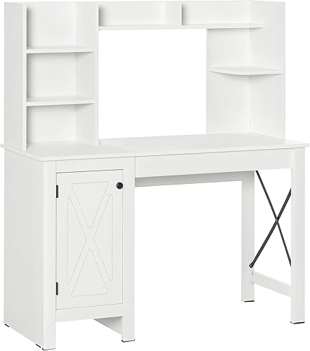 HOMCOM Escritorio de computadora de granja con albergue armario y oficina oficina en casa con almacenamiento para estudio color blanco