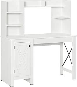 HOMCOM Farmhouse Computer Desk with Hutch and Cabinet, Home Office Desk with Storage, for Study, White