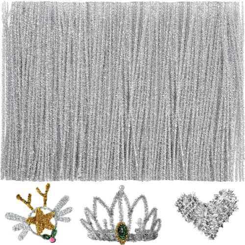 GAGANIU 200pcs Pipe Cleaners, Pipe Cleaners for Crafts, Craft Supplies Chenille Stems for Art&Craft Christmas DIY Projects(12inch*6mm,Silver Glitter)