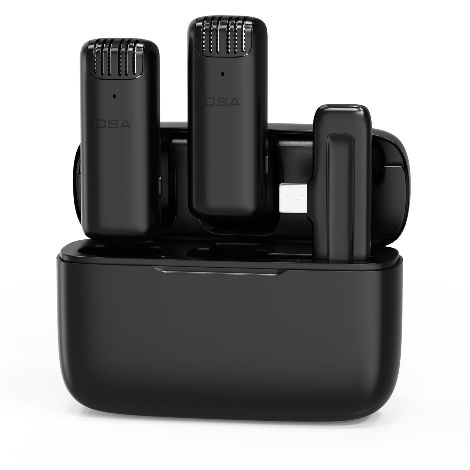 OSA Microfono wireless per telefoni Android con custodia di ricarica di 15 ore, microfono per registrazione video con livello di cancellazione del rumore regolabile, microfono lavalier wireless con
