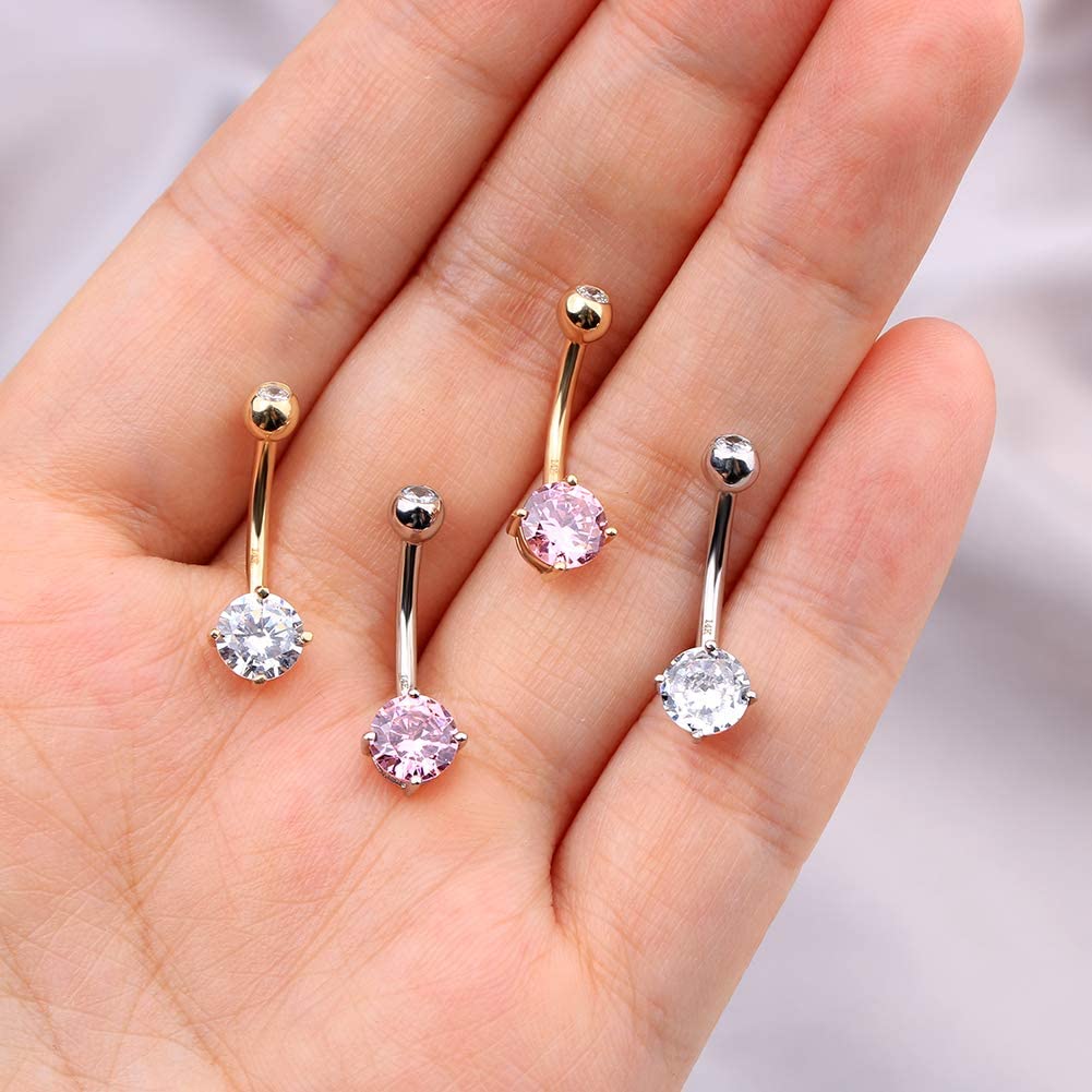 OUFER Body Piercing OUER 14G 14K Solid Gold Belly Button Ring Clear CZ Navel Ring Belly Bars