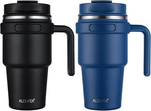 ALOUFEA Taza de café aislada de 20 onzas con asa, vaso de viaje de acero inoxidable con tapa y popote, taza térmica de café helado de doble pared a