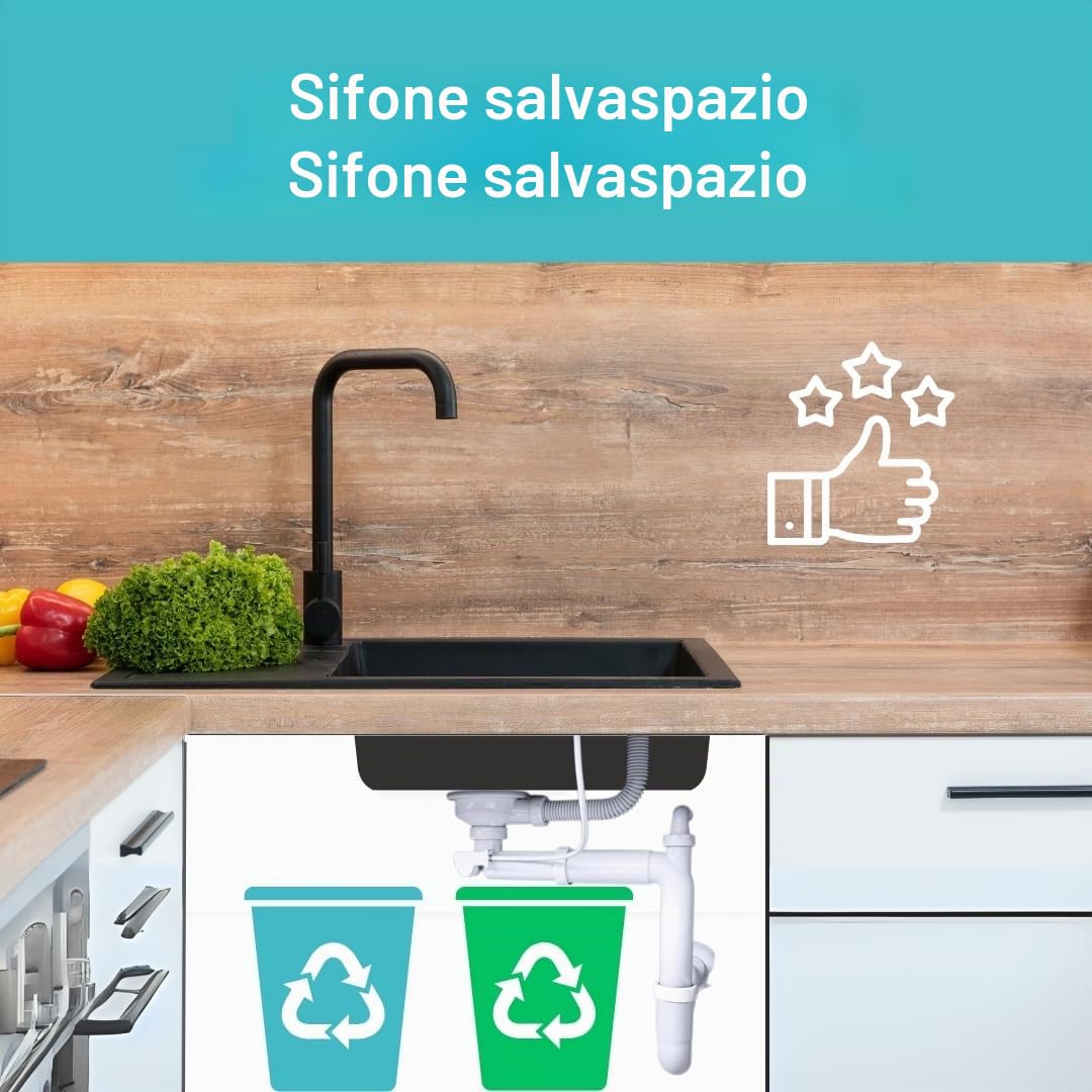 Granmaster, sifone da cucina manuale a 2 camere, con troppopieno, scarico per lavandino, Made in Italy, collegamento sul fondo, 1 1/2", filtro valvola eccentrica 3 1/2", 38 x 26 x 12 cm