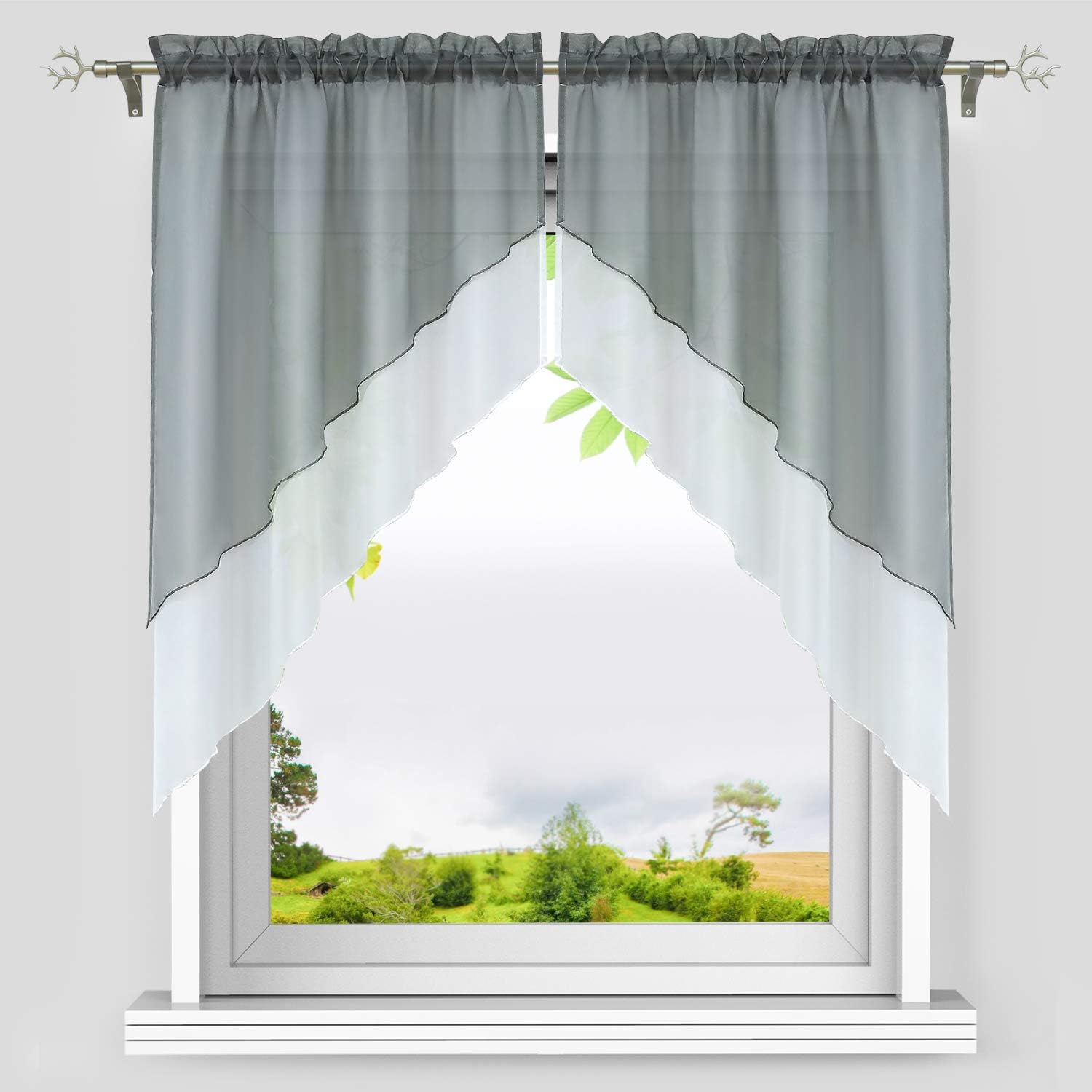 Joyswahl Scheibengardinen Voile Bistrogardine M-Typ Vorhangkopf Tunnelzug Kurzstore Küche Gardinen Grau BxH 140x145 Cm