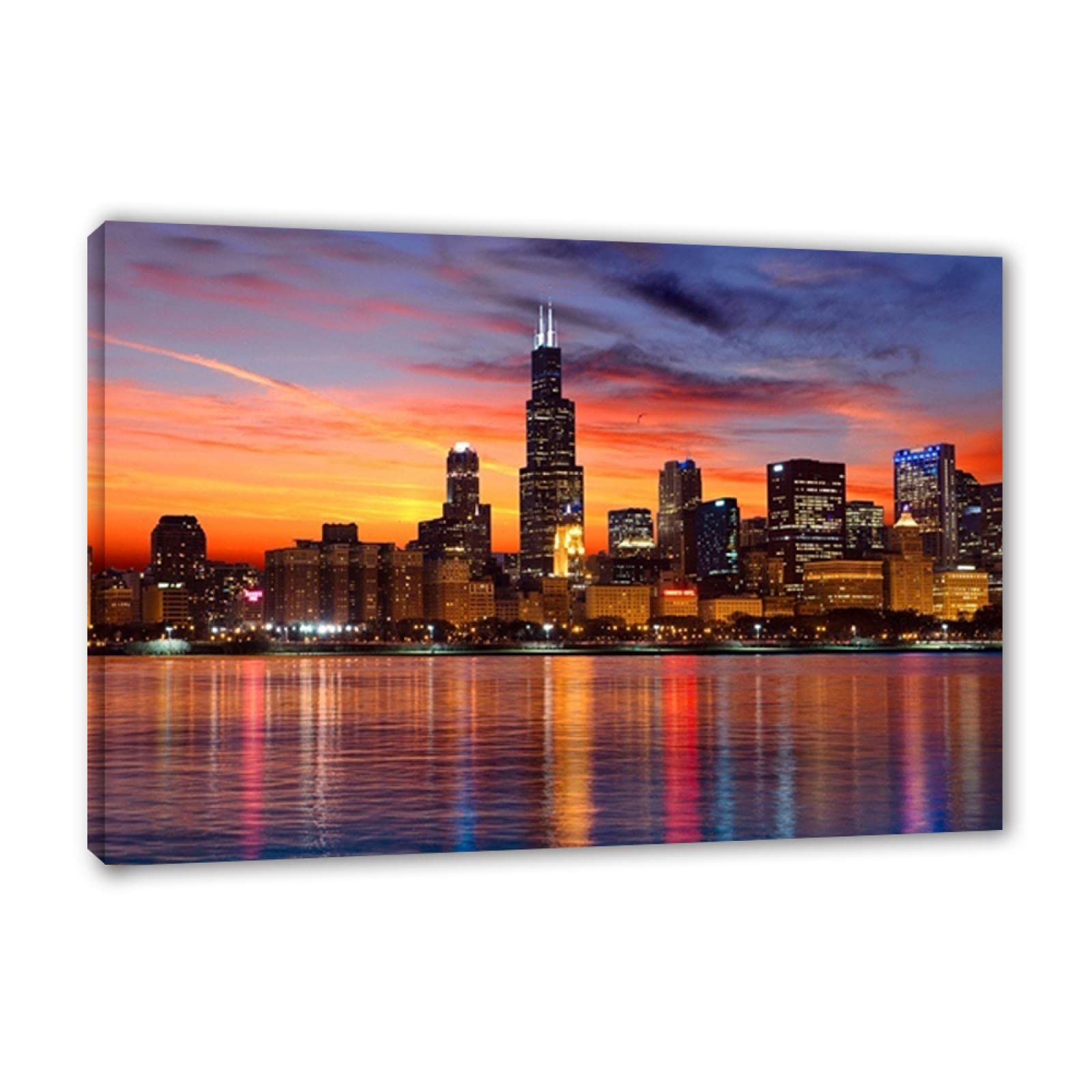 Skyline of Chicago plakat rozciągnięte i oprawione nadruki. Obraz krajobrazowy nadruk na płótnie. Gotowy do powieszenia na płótnie, sztuka ścienna, budynki, zdjęcia do salonu, dekoracja 30 x 45 cm, oprawiony