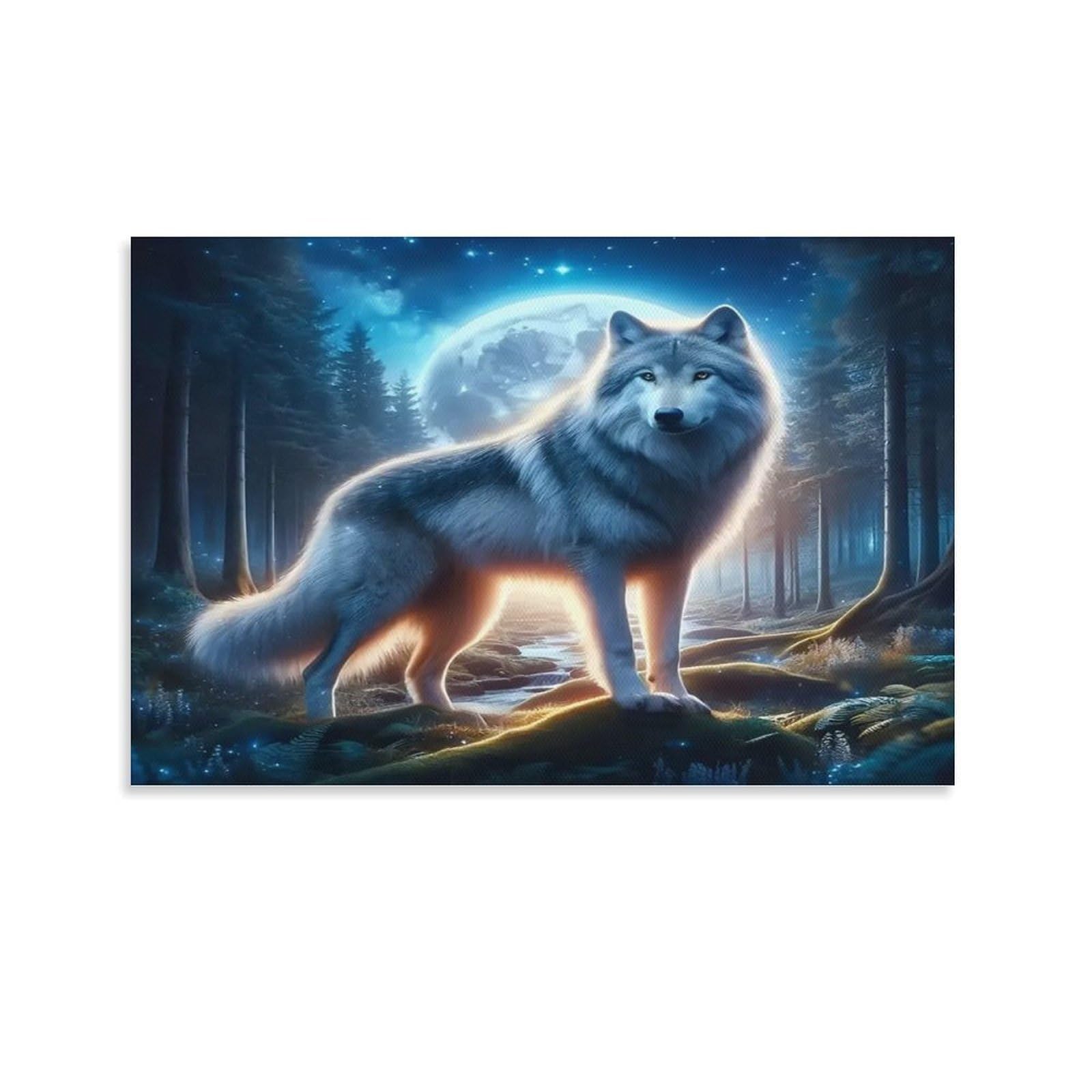 CPLVKWRQJ Snowy Wolf Under Aurora Borealis Single Glowing Wolf Standing Full Moon Forest Canvas Wall Art - Housewarming Gift Living Room Focal Point Ready to Hang Decor 16x24inch(40x60cm)