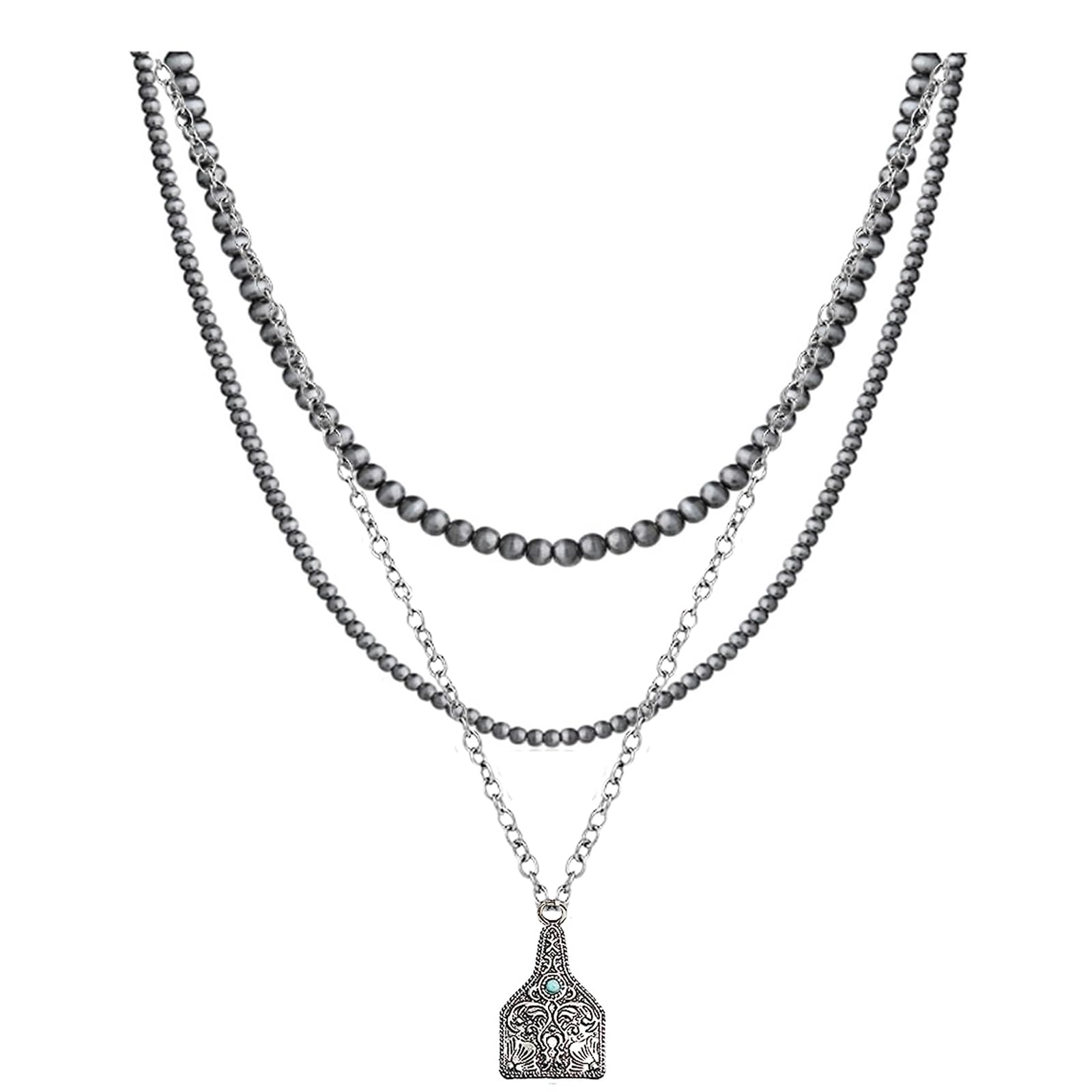 RIJXULayered Navajo Pearls Necklace with Western Pendant Necklaces for Women Cowgirl Retro Tribe Western Fashion Accessories (E), pearl, alloy, turquoise, Rhinestone