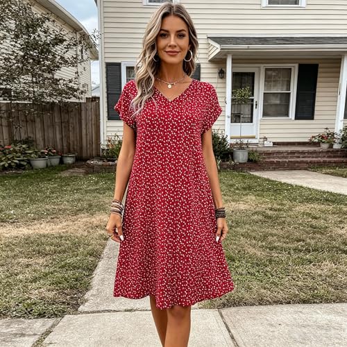 Vestido de manga corta con cuello en V y lunares, para mujer, ajuste holgado, casual, vestido midi de verano, Rojo, Large