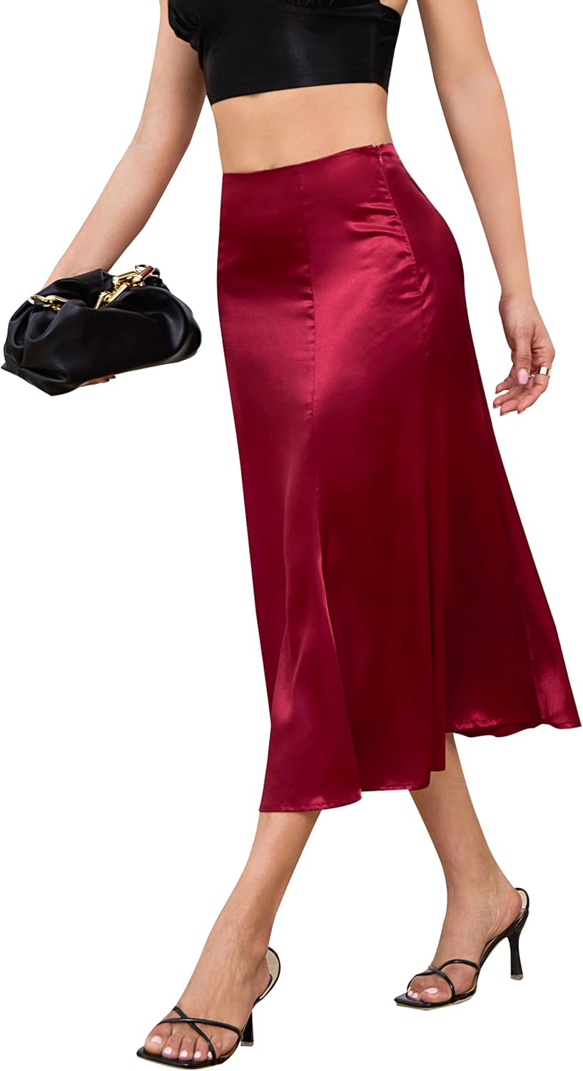 Mist Azur Womens Satin Midi Skirt High Waisted A Line Silky Flared Bodycon Skirt MA213