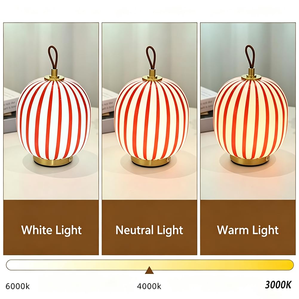 LED Tischlampe Kugel Glas Kabellos Tischleuchte Dimmbar Touch Schalter Batteriebetrieben Schreibtischlampe Rot Gestreiftem Glaslampenschirm Nachttischleuchten USB Aufladung Tragbar Runde