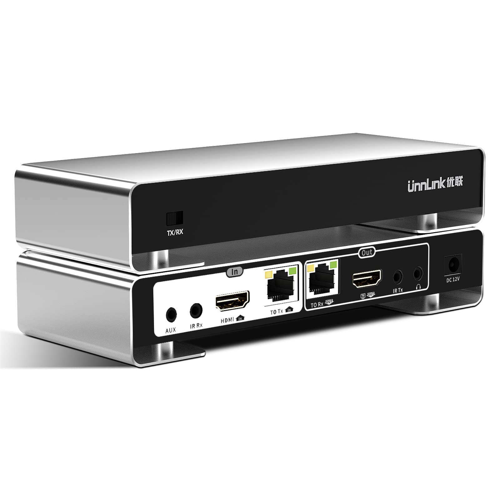 Diagram of ÜnnLInk HDMI Extender showing front and rear panels with labeled ports and TX/RX switch.