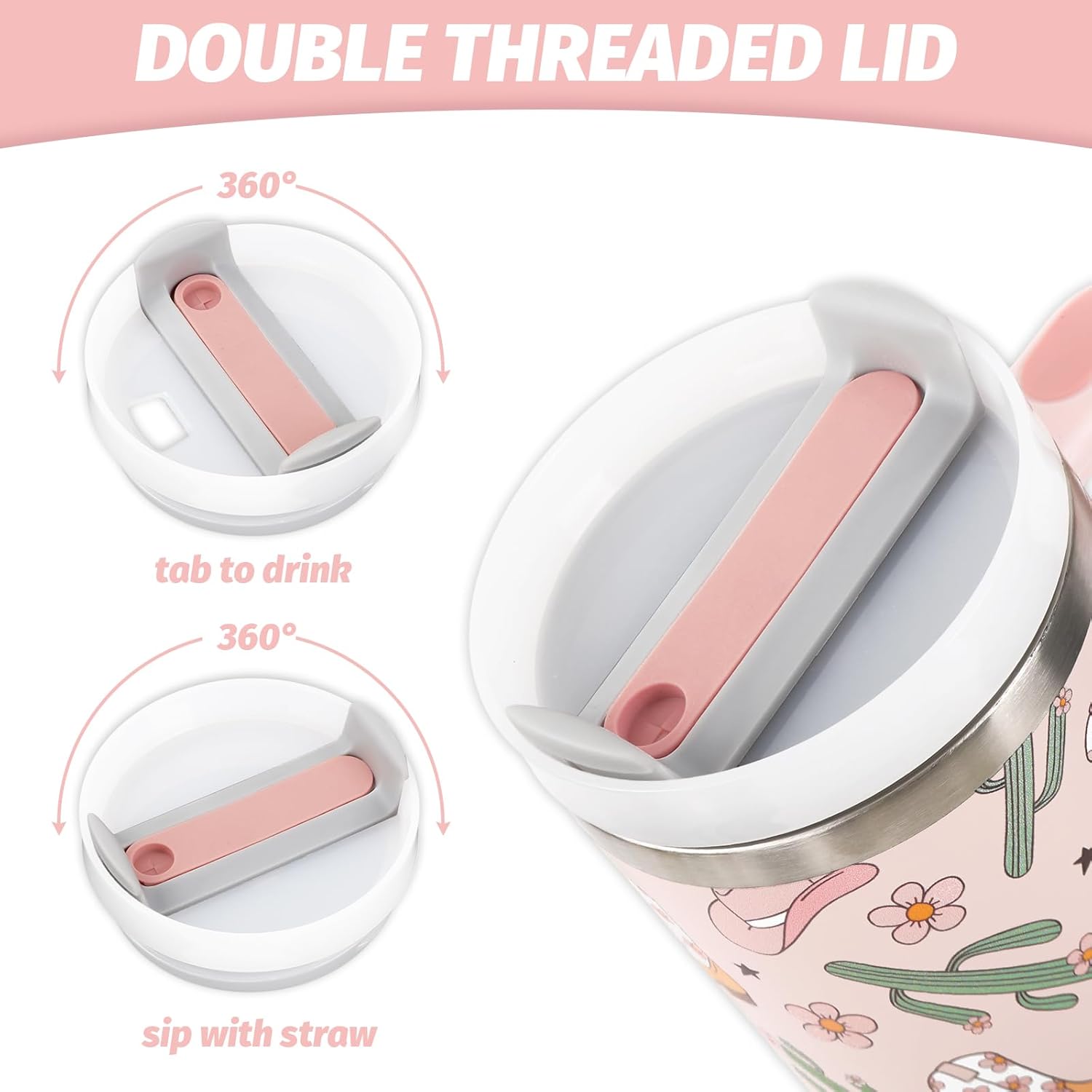 Cowgirl Tumbler with Straw and Lid 40oz Pink Cowgirl Boots Hat Cactus Flower Stainless Steel Cup with Handle Western Theme Travel Coffee Tumbler Cup for Home Office - Image 3