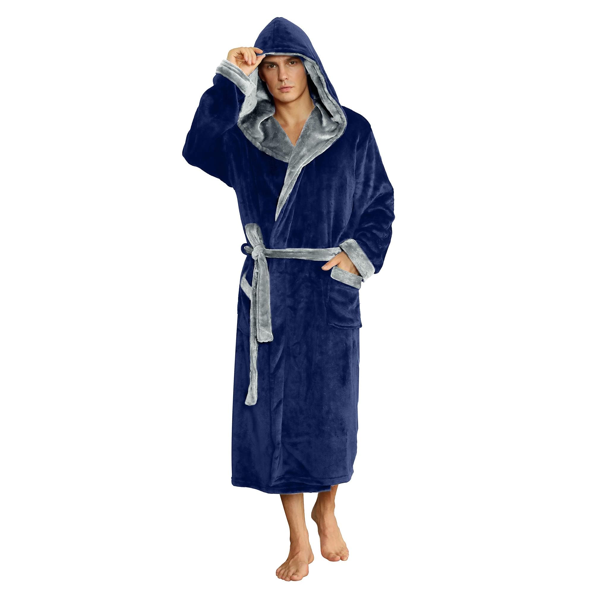 U2SKIIN Mens Hooded Robe, Plush Robes for Men Long Fleece Bathrobe, Navy/Light Grey, Large-X-Large-image-13