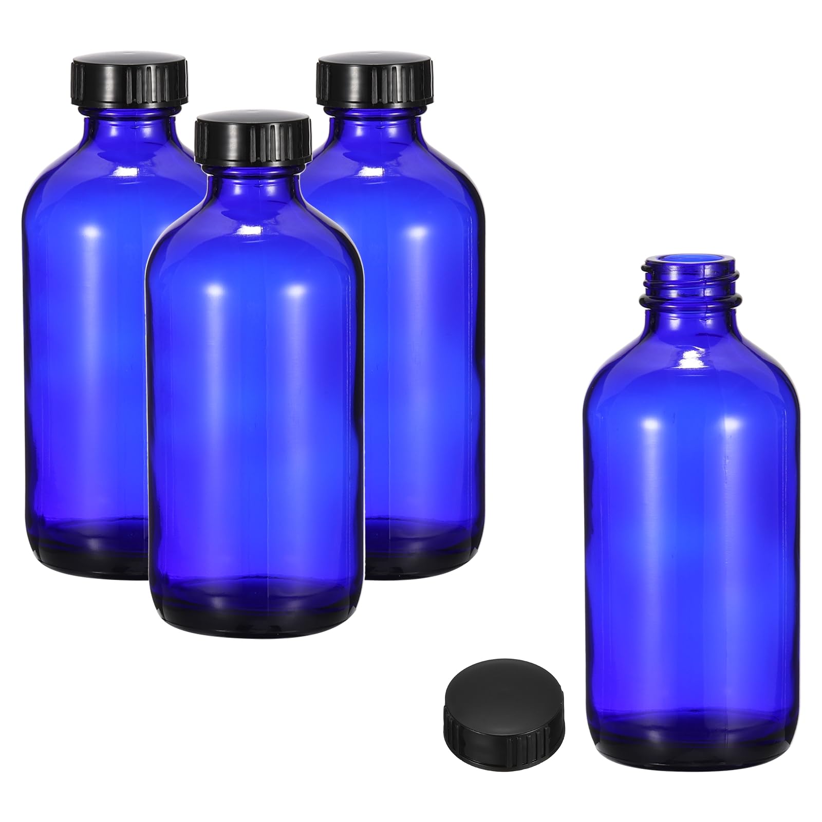 PATIKIL 8oz(240ml) Glass Sample Bottles, 4Pcs Round Bottle Dispensing Bottles with Black Poly Cone Cap for Reagent Liquids, Essential Oils, Perfume, Blue