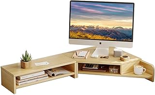 LITAITAI L-shaped desk,Corner desk White Triangle Monitor Stand Riser, Desktop Corner Shelf with Metal Leg Wood Computer Stand with Storage Laptop Riser Office Organization（Brushed White Oak）