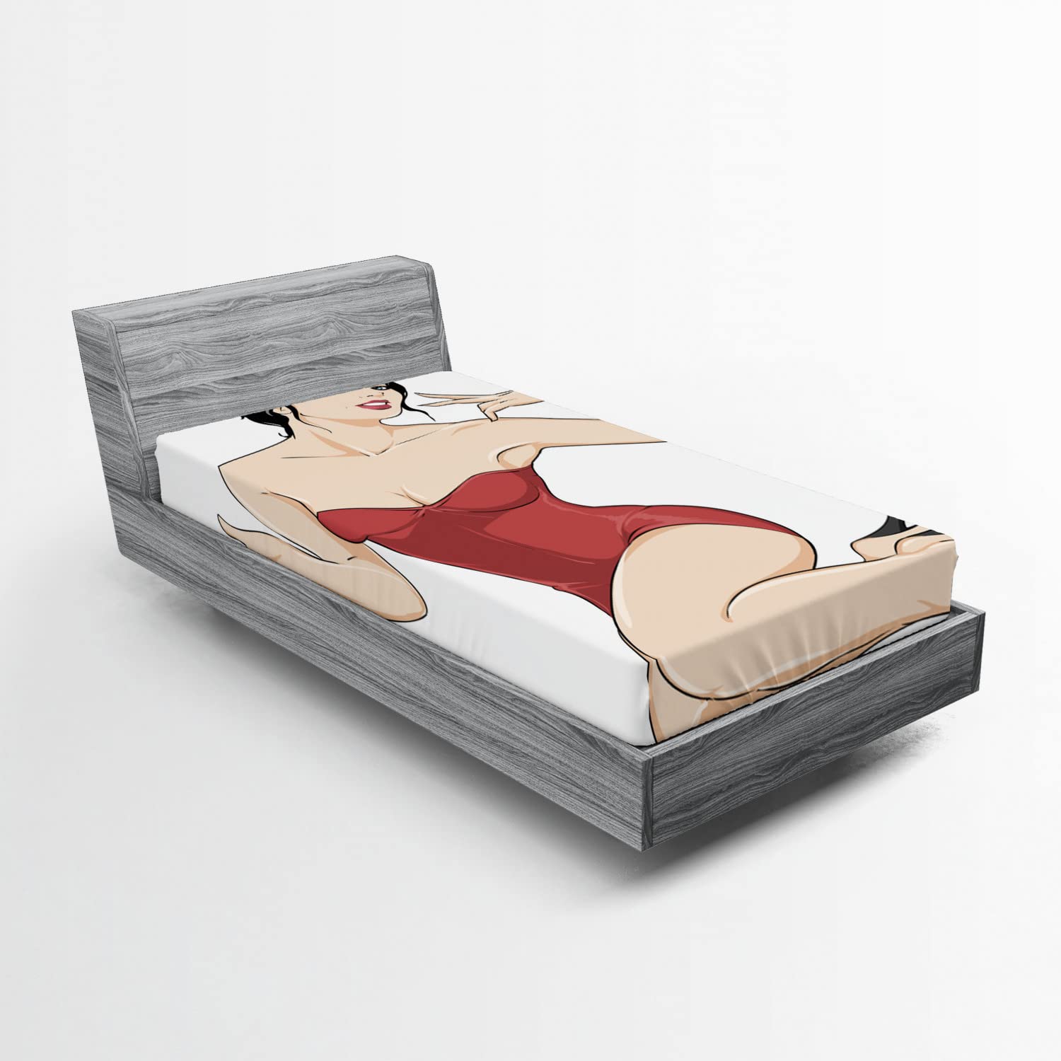 Ambesonne Pin up Girl 2 Pack Fitted Sheet, Pale Skin Brunette, Bed Cover All-Round Elastic Deep Pockets 2 Pieces, Package Contains 2 Twin Size Fitted Sheets, Beige Black