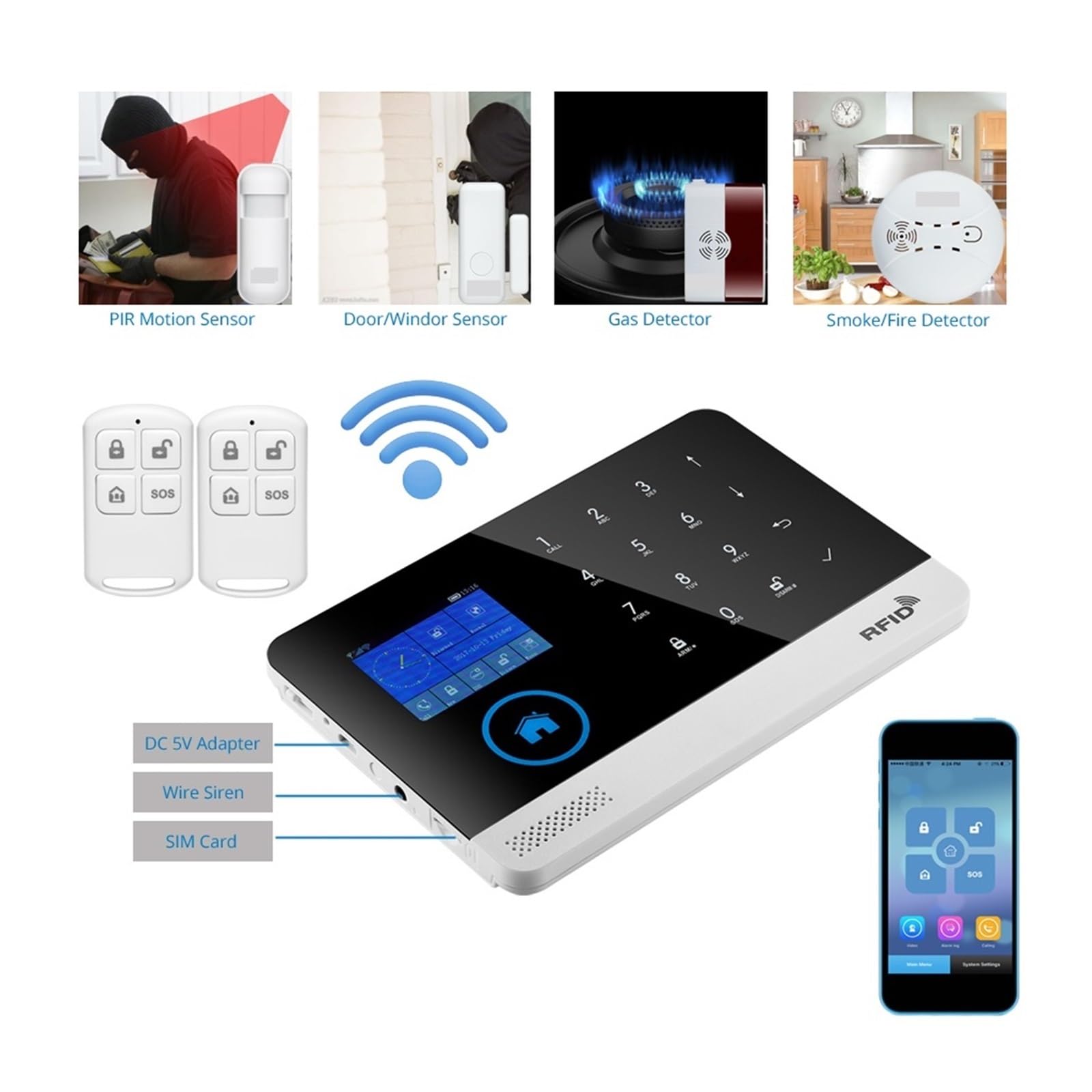 De alarma de seguridad for el hogar GSM App Control Kit de alarma antirrobo con sensor de puerta Para Villas y Almacenes(W2B Bundle 10)
