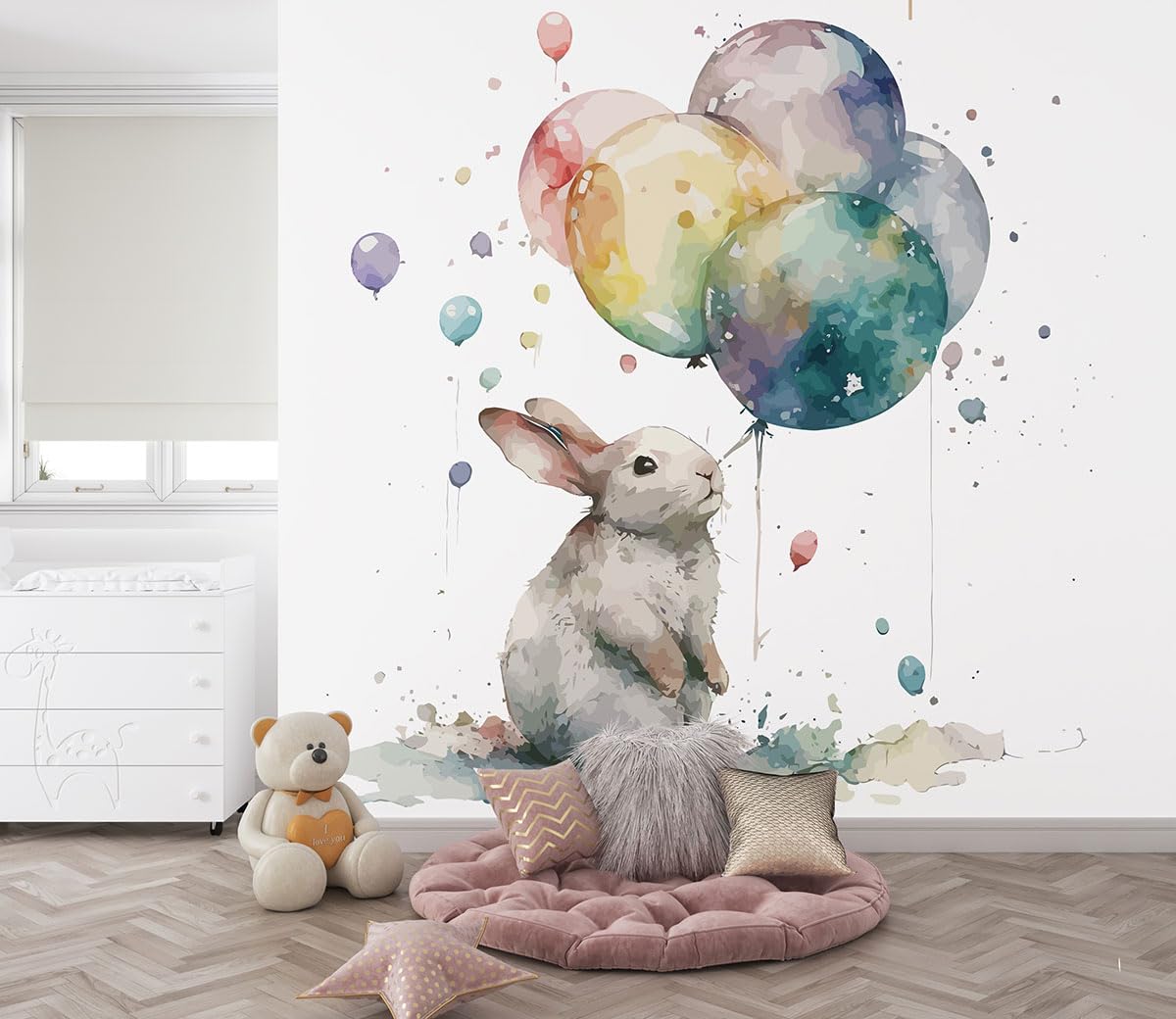 Panorama Tapete Kinder – Kaninchen Luftballons 3617680683354 – Breite 195 cm x Höhe 125 cm