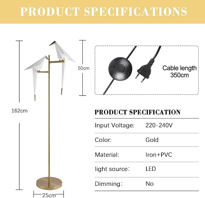 kaixunl Staande lamp woonkamer modern goud papier kraan swing vogel led staande lamp, 3000 K warm acryl lampenkap metalen basis staande lampen voor woonkamer slaapkamer kantoor studie lezen, 2 koppen photo 2