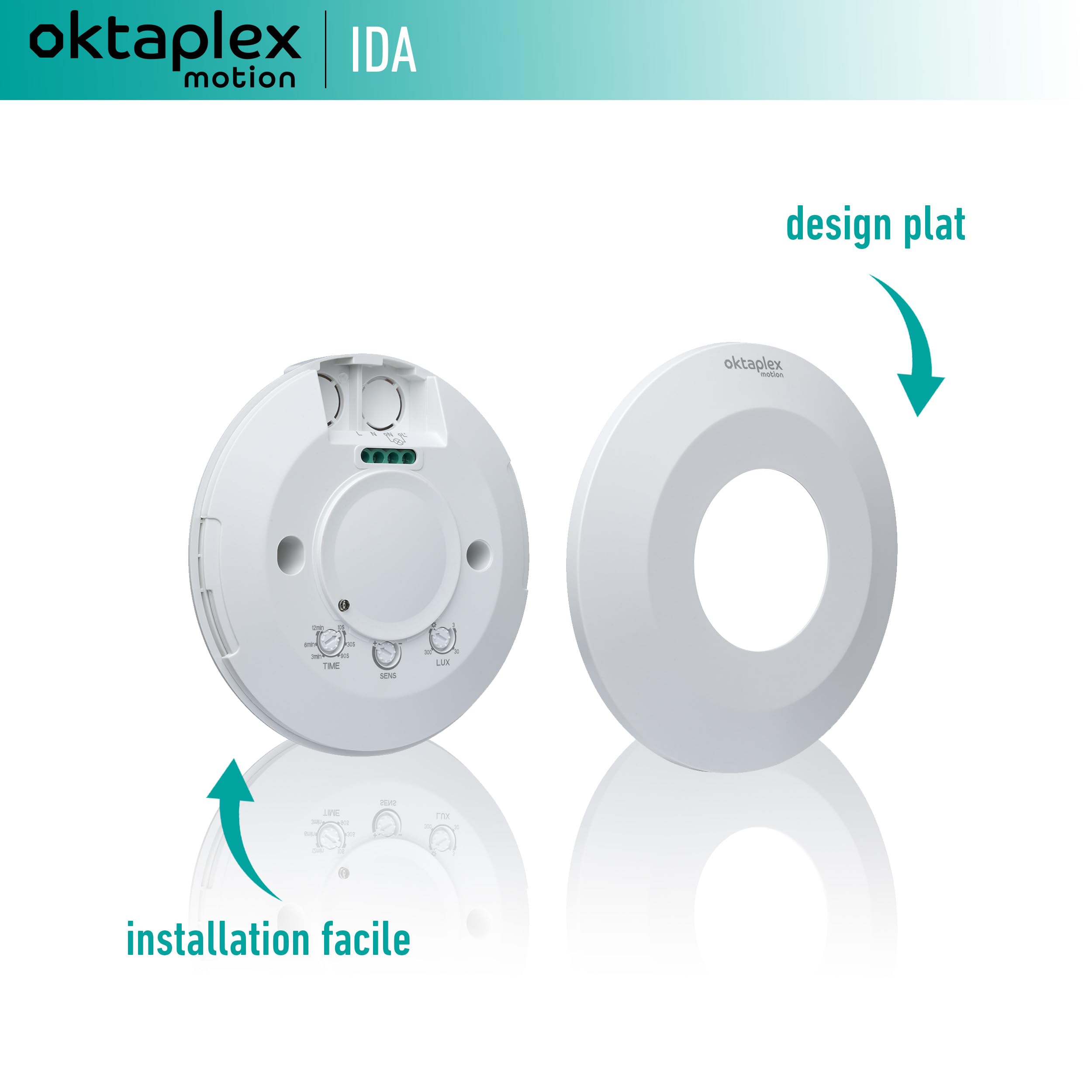 Oktaplex Ida Détecteur de Mouvement de Plafond intérieur 360° Plat Capteur Haute fréquence 2-16 m Portée 230 V Blanc avec capteur crépusculaire