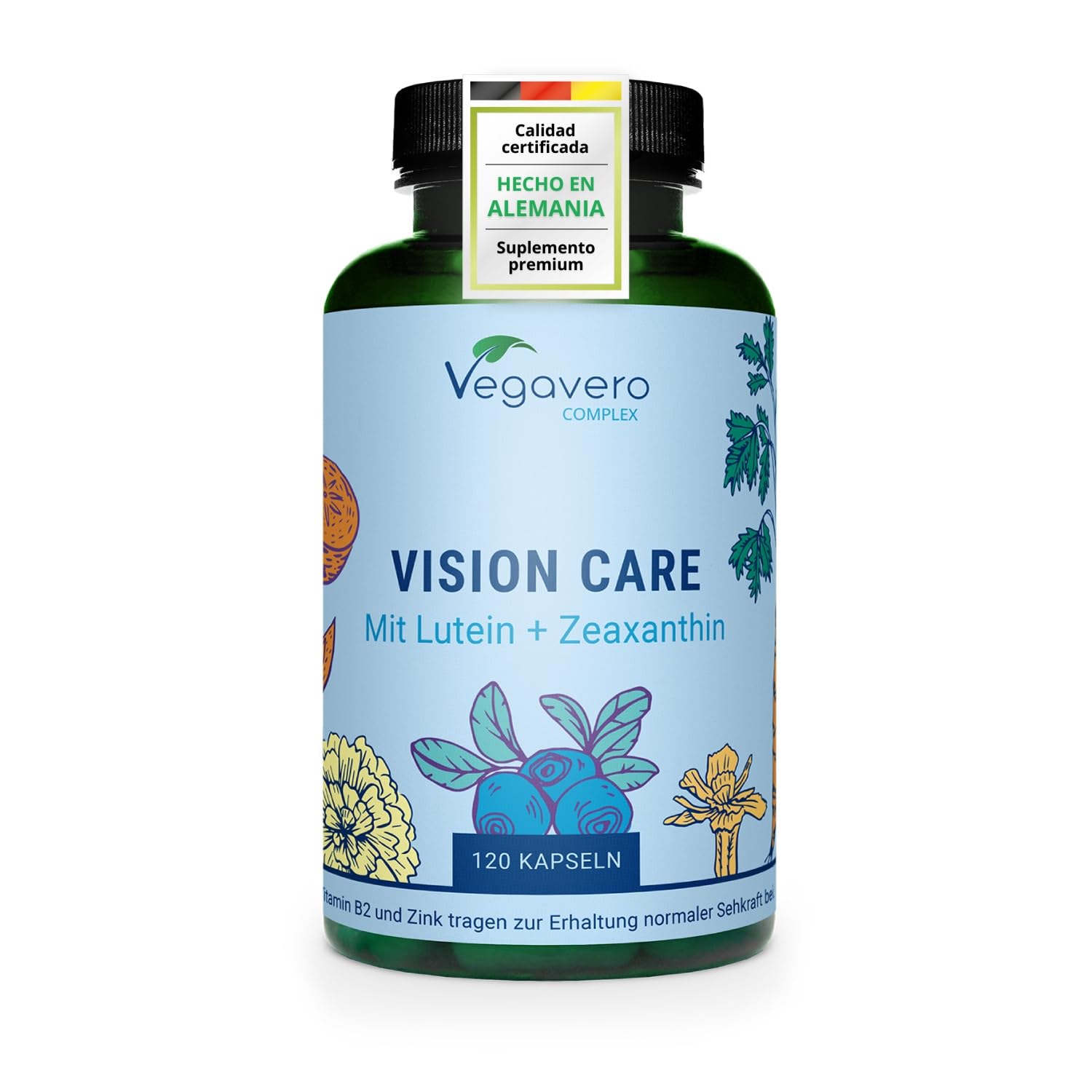 Vegavero Luteína Complex | 40mg Luteina + 8mg Zeaxantina | 16000 MG Flor de Cálendula | Materia Premium: MyrtiPRO + Xanmax | Testado en Alemania | Sin Aditivos y Vegano