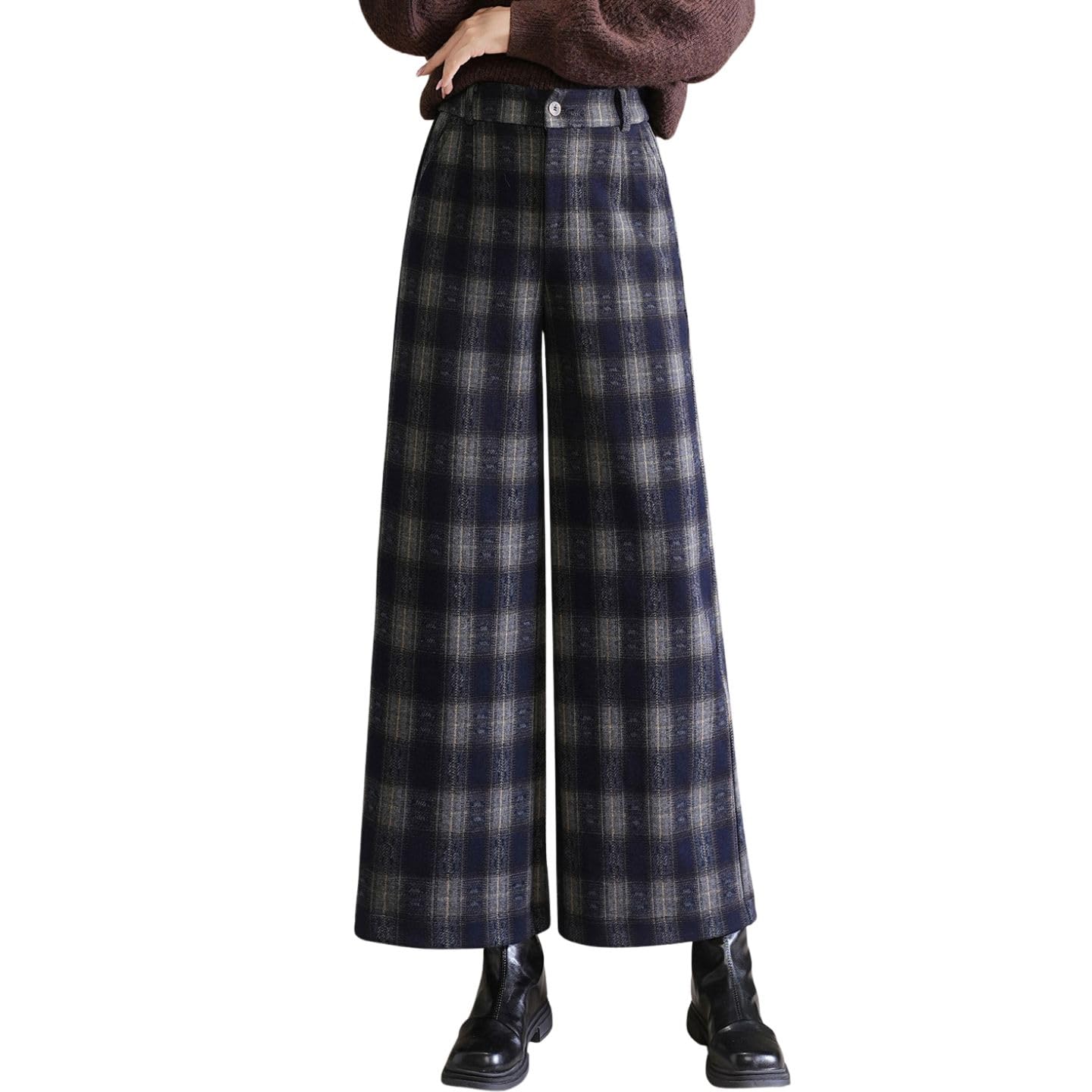 chouyatou Women Fall Winter Plaid Wool Culottes Cropped Pants Elastic High Waisted Loose Wide Leg Palazzo