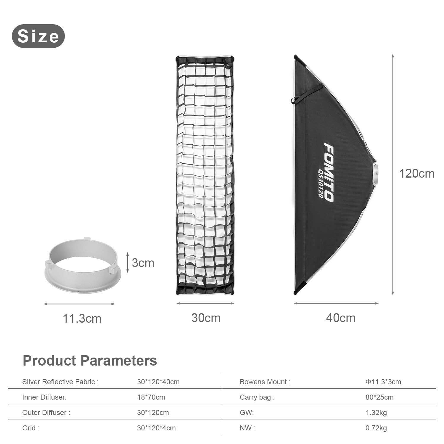 FOMITO Softbox rettangolare, 30 x 120 cm, Softbox Bowens a sgancio rapido con griglia a nido d'ape, diffusori di luce, borsa per Godox SL-60W SL60IID SL150R SL300R Aputure 120d ecc