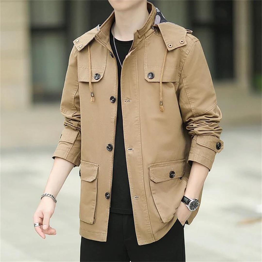 Men's Hooded Jacket Long Multi Pocket Coat Casual Loose Mid Length Comfortable Outerwear