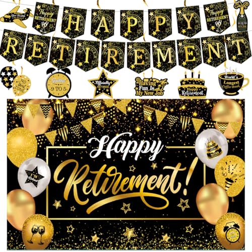 Retirement Party Decorations For Women Men, Black And Gold Happy Retirement Banner Sign Party Supplies, 180cm X110cm Retired Backdrop for parties, 8pcs Hanging Swirl