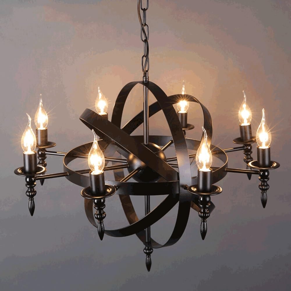 Bloohk One Color 8-Light Modern Farmhouse Chandelier, Black Metal Orb Pendant Light, Industrial Round Wagon Wheel Hanging Ceiling Fixture, Candle Style Chandelier For Dining Room