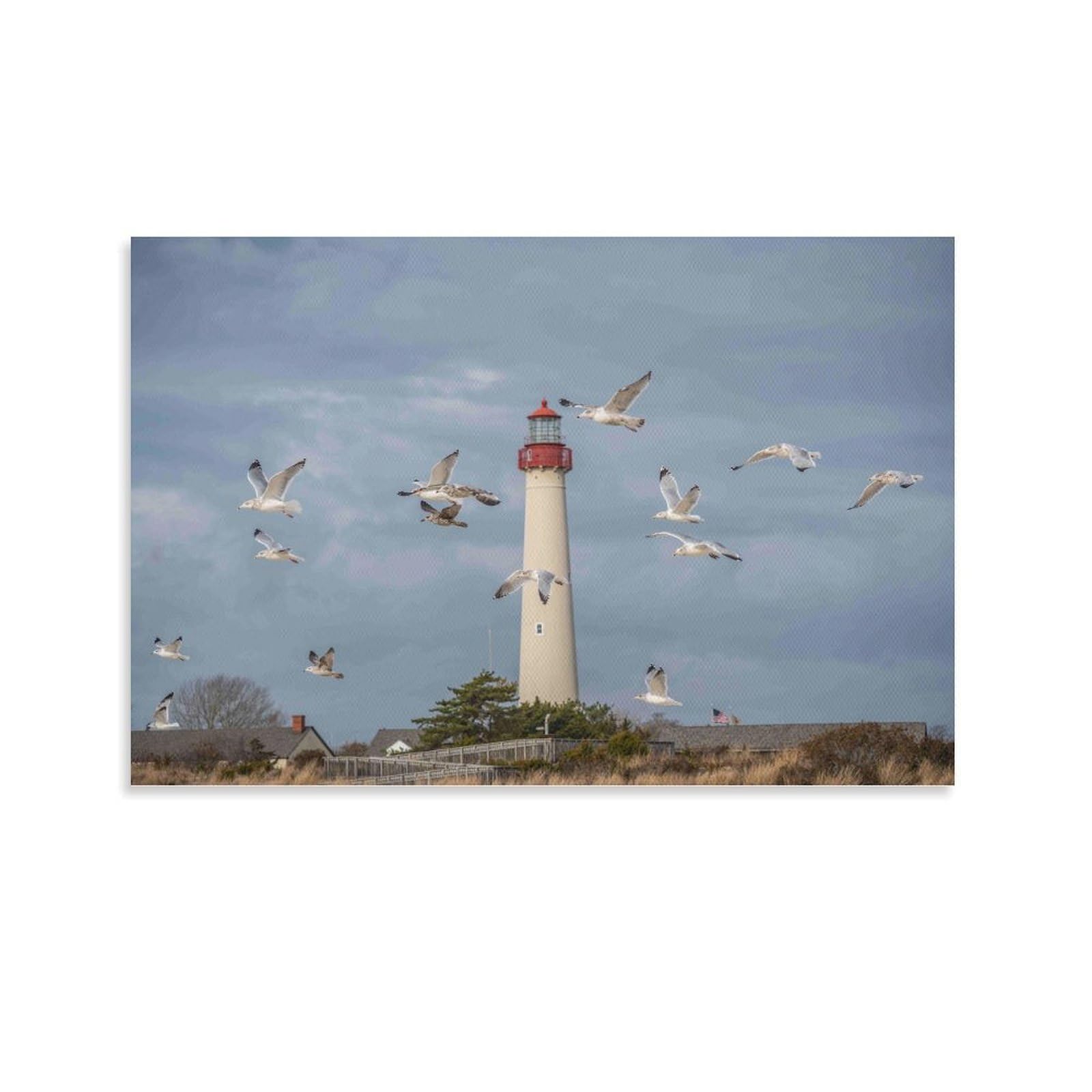 CPLVKWRQJ Seagulls Flying Near Lighthouse Single Piece Lighthouse Surrounded by Flying Seagulls Canvas Art - Kitchen Canvas Wall Decor Removable Multi-Purpose Ready to Hang 20x30inch(50x75cm)