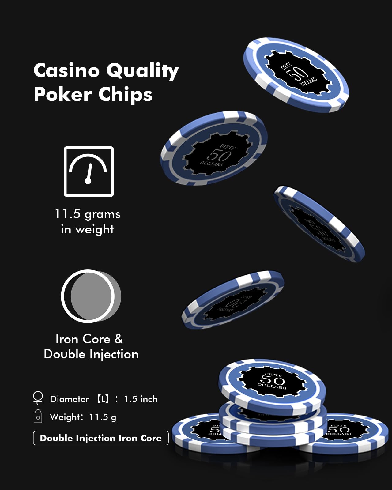HEITOK 100 Żetonów Pokerowych 11,5g Nominały Uzupełnienie | Czytelne wartości 1/5/25/50/100/500/1000, uzupełnienie 11,5g z rdzeniem żelaznym do Blackjacka i kart