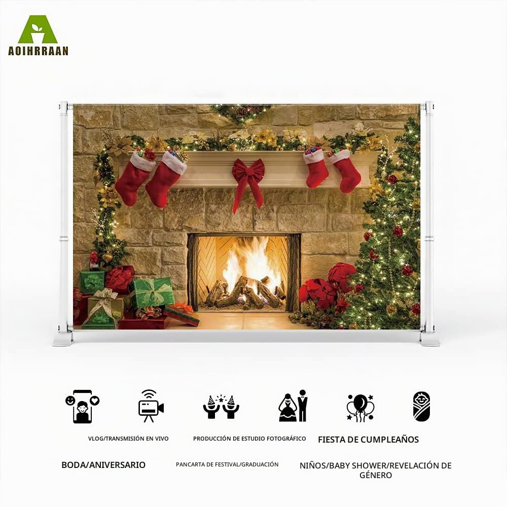 Aoihrraan 3x2m Fondo de Navidad Calcetín Rojo Árbol Brillo Chimenea Nochebuena Fondo Fotografía Baby Shower Feliz Año Nuevo Decoración Fiesta Vacaciones Banner Retrato Accesorios Fotográfico