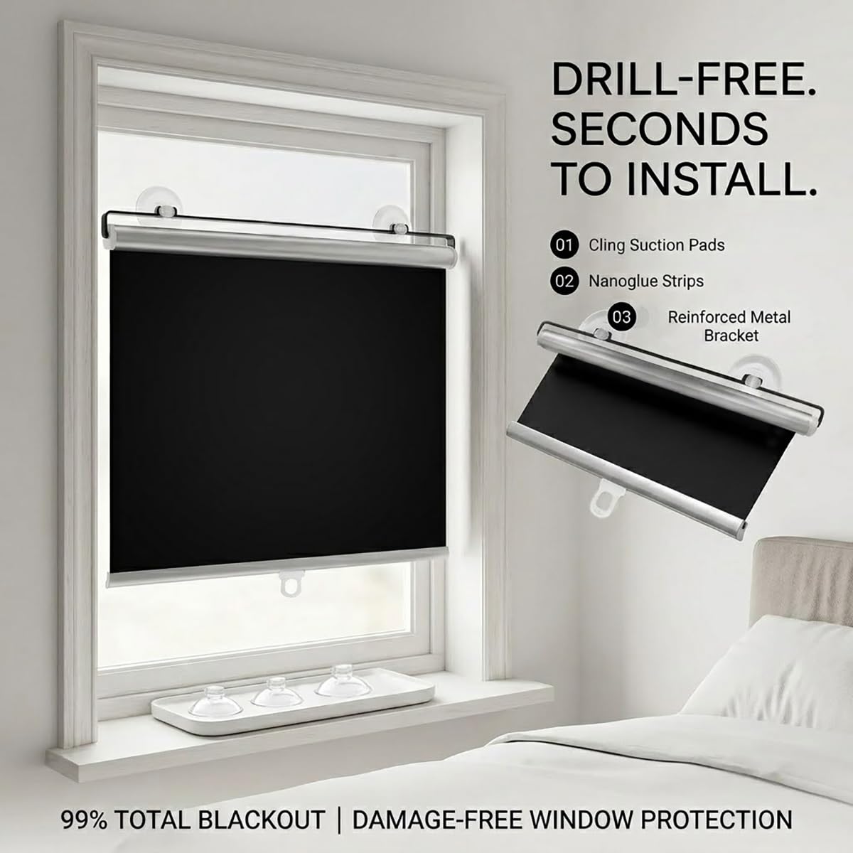 Estor Enrollable Opaco Sin Taladrar, Persiana Enrollable con Ventosa, Cortinas Blackout Protección UV, Estores Temporales Portátiles, para Ventanas Cocina Oficina y Coche(75 A x 80 H cm)