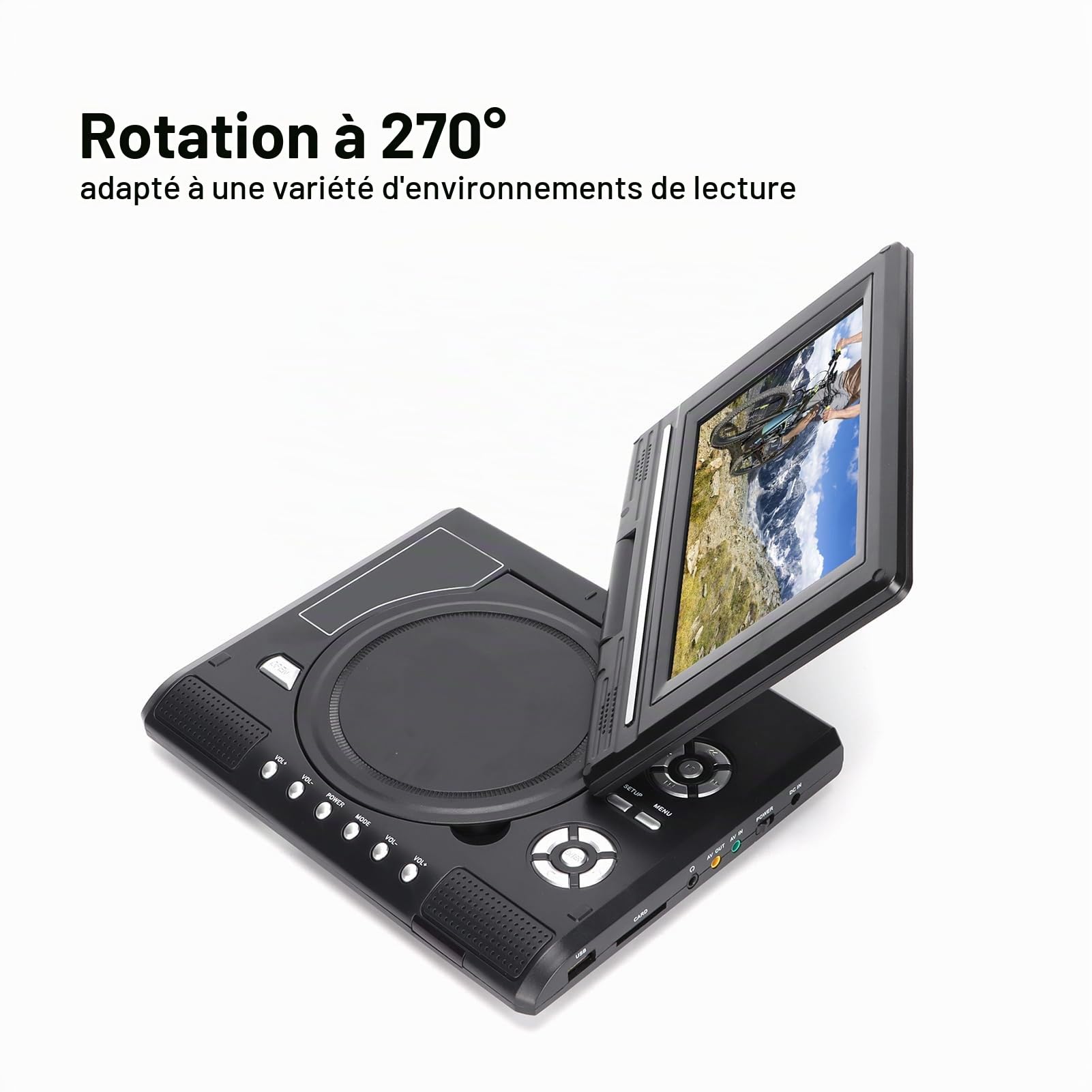 Lecteur DVD HD Portable avec écran Pivotant, Deux Haut-parleurs Stéréo, TV Analogique, Port USB, Lecteur de Cartes, Batterie Longue Durée, Rotation à 270°, Multifonction pour la