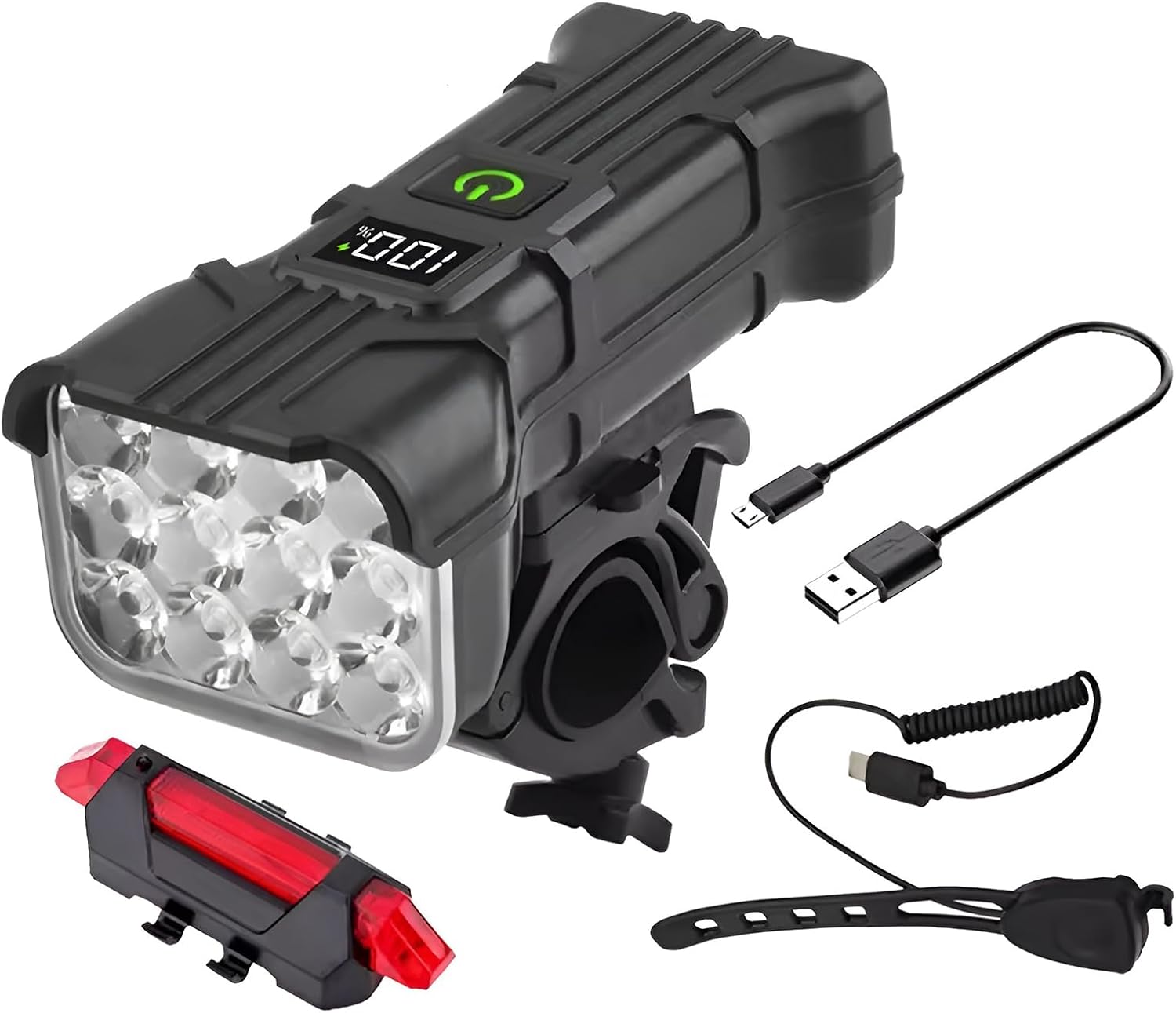 JINGYAN Bike Lights for Night Riding with Tail Light Set, 130dB Horn USB-C Rechargeable Bicycle Headlight, LCD Display, 5 Modes Waterproof for Road/Mountain Cycling