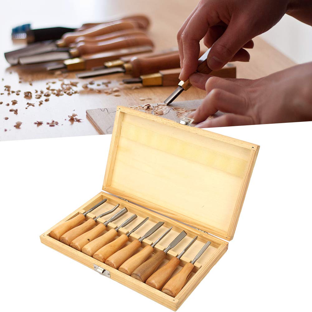 Set di Scalpelli Per Intaglio del Legno, 10 Pezzi Kit di Scalpelli Per Coltelli da Intaglio con Manico in Legno Ad Alta Durezza con Custodia in Legno, Utensile Manuale Per La Lavorazione del