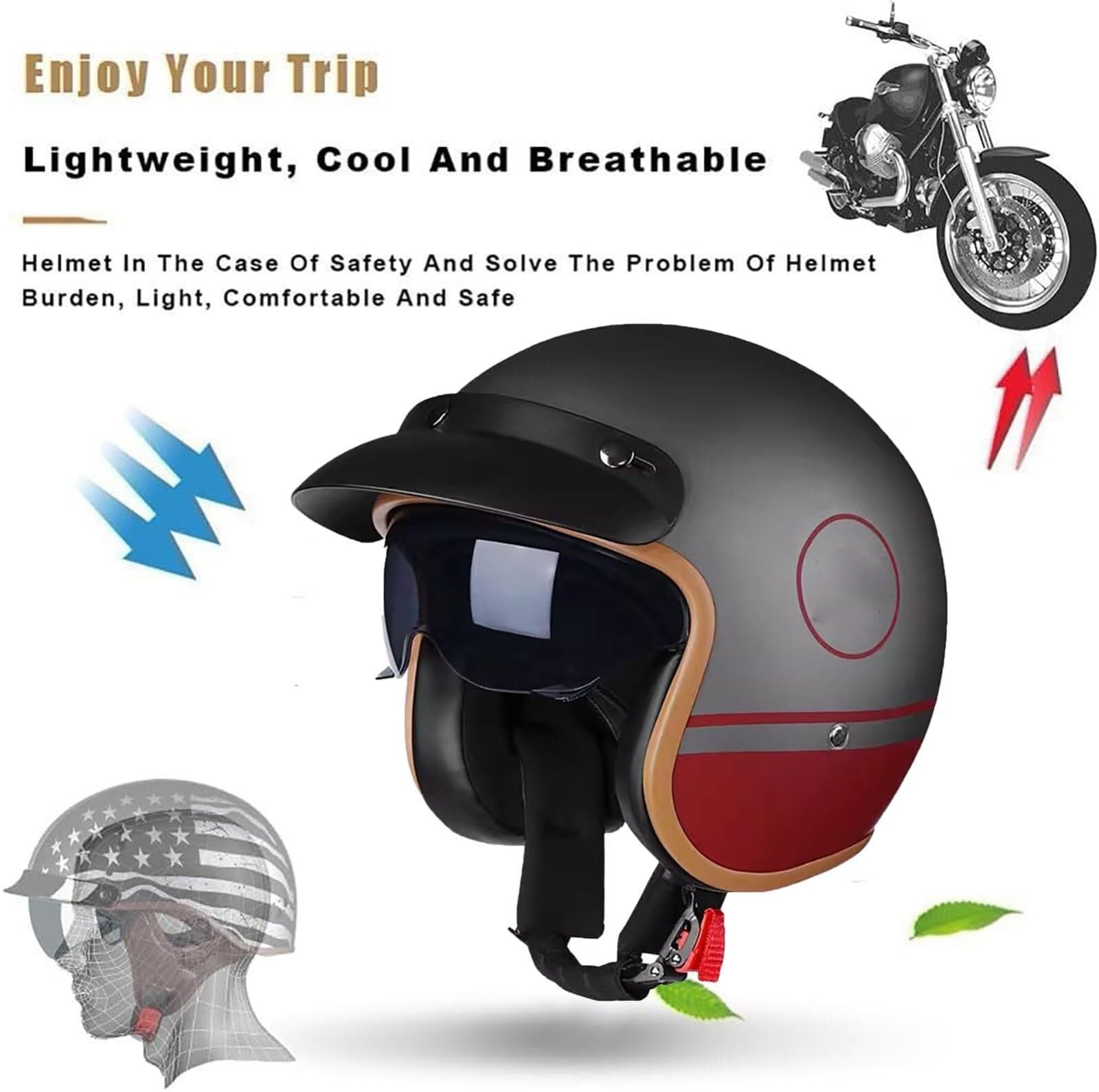 Demi Casque Moto Retro avec Visière Vintage Casques Bols Homologué ECE Casque Mobylette Ouvert Demi Casque Homme Femme Casque Jet pour Cruiser Hélicoptère Scooter