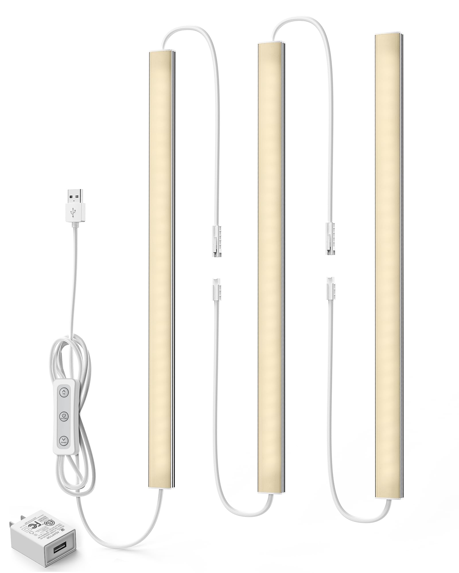 Dimmable USB Under Cabinet Lights - 3 Pack 12" Linkable LED Strips, 2700K Warm White for Kitchen, Desk, Workbench