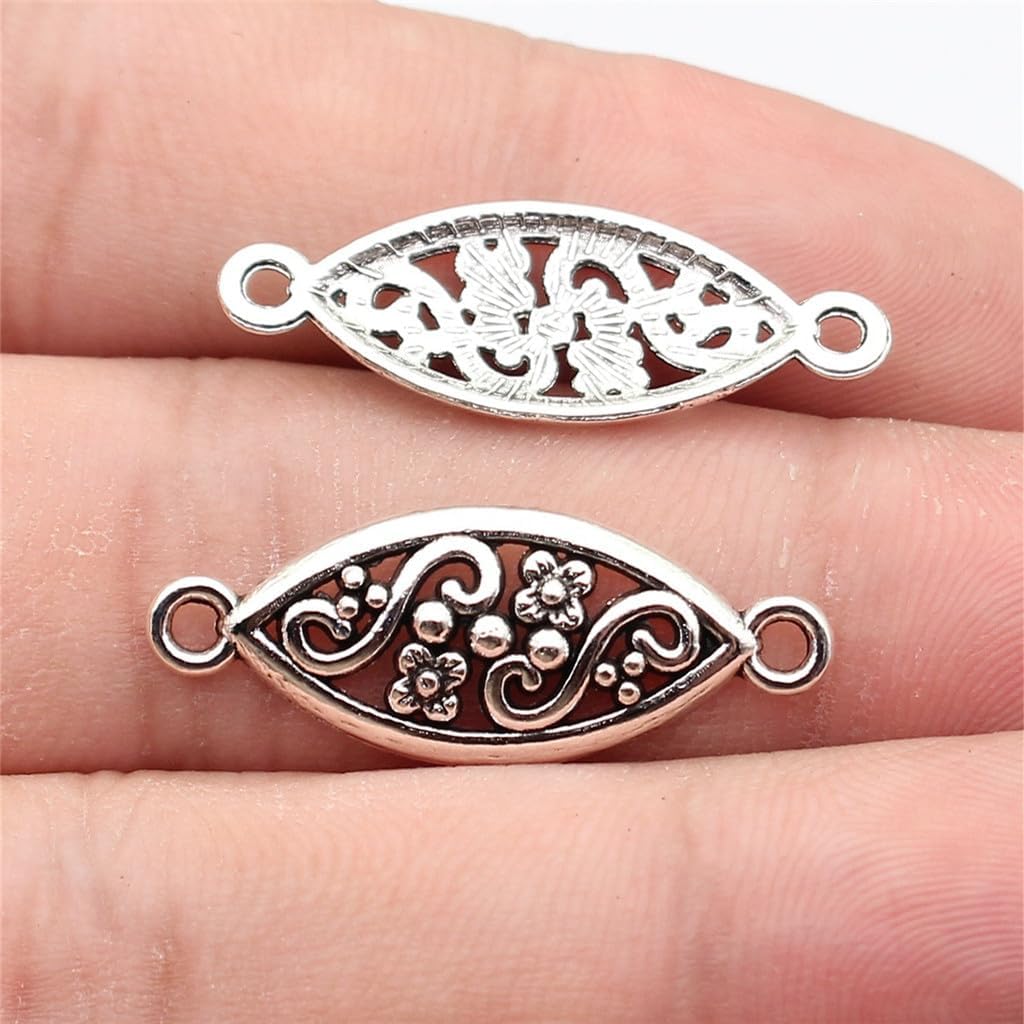 Horse-Eye Shaped Retro Patterned Connector for DIY Beading Projects, 29x11mm, Antique Silver Color, 20 Pieces